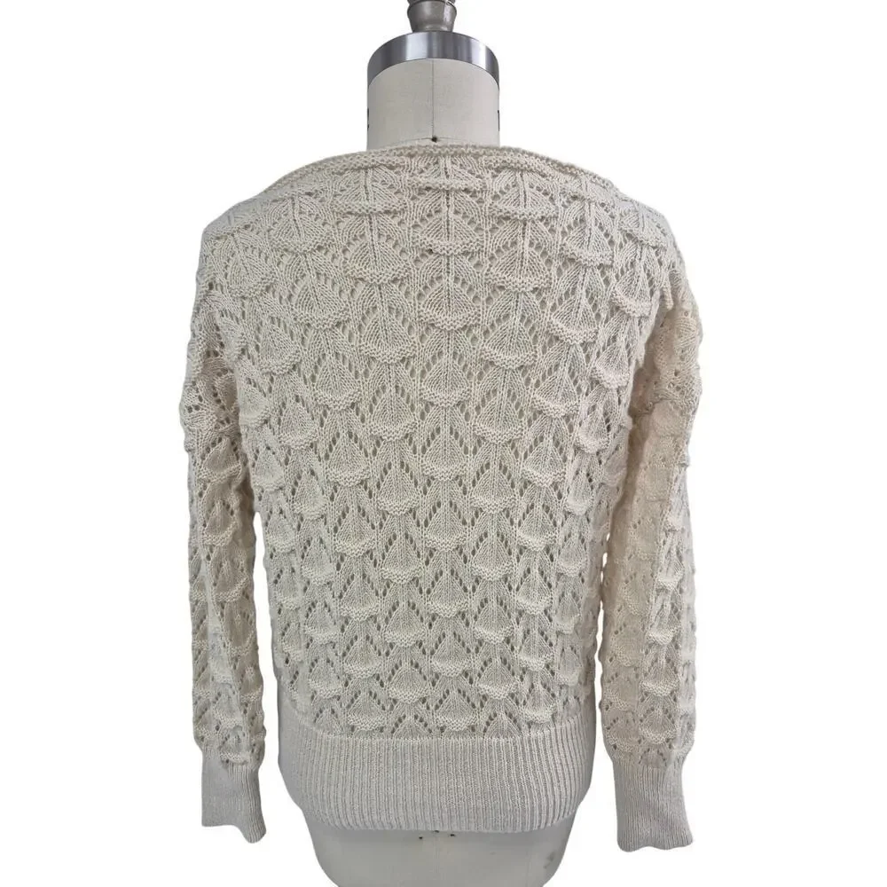 Beige Crochet Knit Boat Neck Sweater Ribbed Trim L